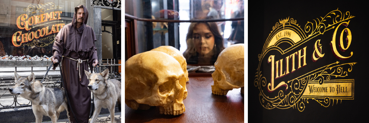 Three images: cloaked man with wolves, chocolate skulls, and a Lillith and Co logo